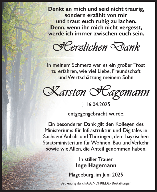 Traueranzeige von Karsten Hagemann von Volksstimme Magdeburg