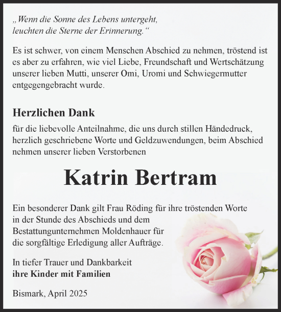 Traueranzeige von Katrin Bertram von Volksstimme Altmark Ost