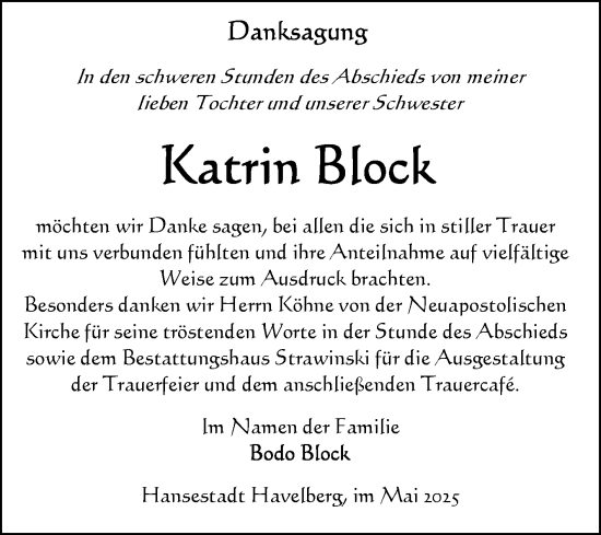 Traueranzeige von Katrin Block von Volksstimme Altmark Ost