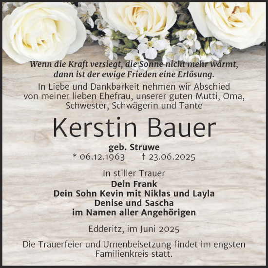 Traueranzeige von Kerstin Bauer von Trauerkombi Köthen