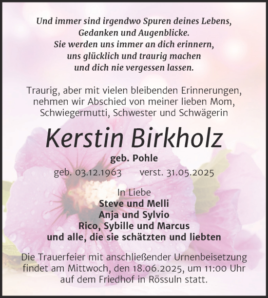 Traueranzeige von Kerstin Birkholz von Trauerkombi Weißenfels