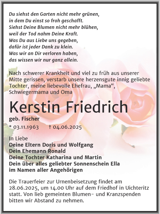 Traueranzeige von Kerstin Friedrich von Trauerkombi Weißenfels