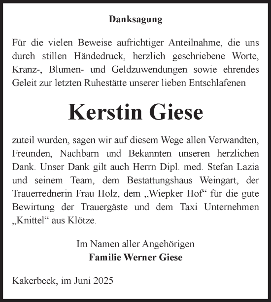 Traueranzeige von Kerstin Giese von Volksstimme Altmark West