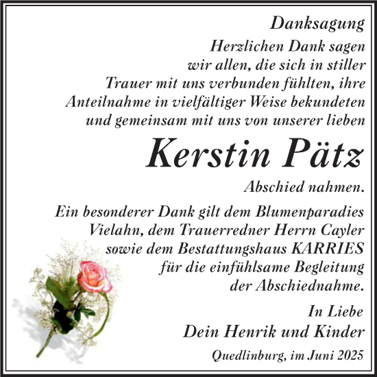 Traueranzeige von Kerstin Pätz von Trauerkombi Quedlinburg