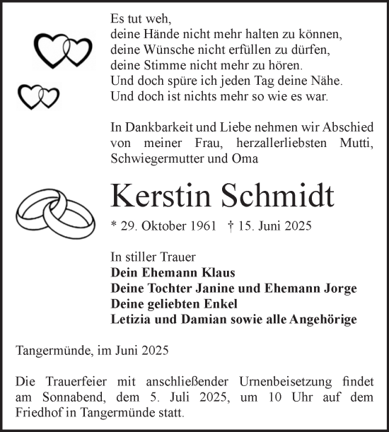 Traueranzeige von Kerstin Schmidt von Volksstimme Altmark Ost