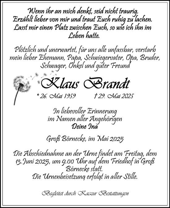 Traueranzeige von Klaus Brandt von Volksstimme Staßfurt