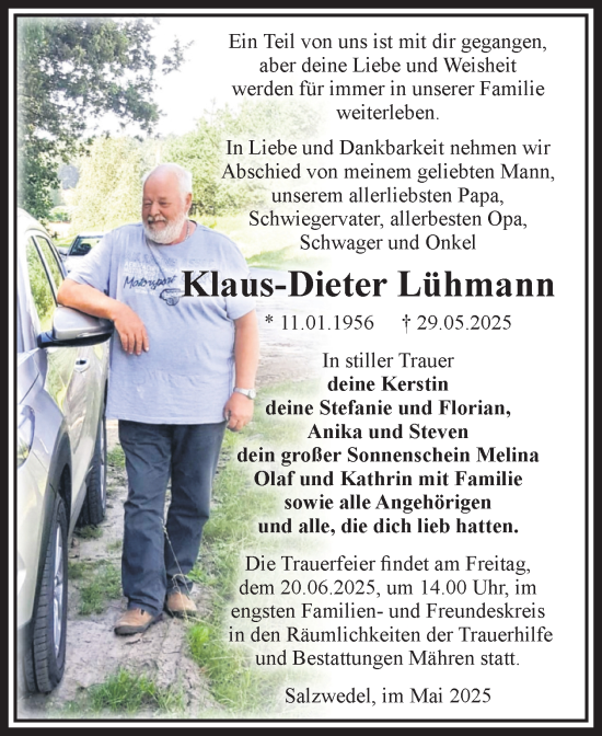 Traueranzeige von Klaus-Dieter Lühmann von Volksstimme Altmark West