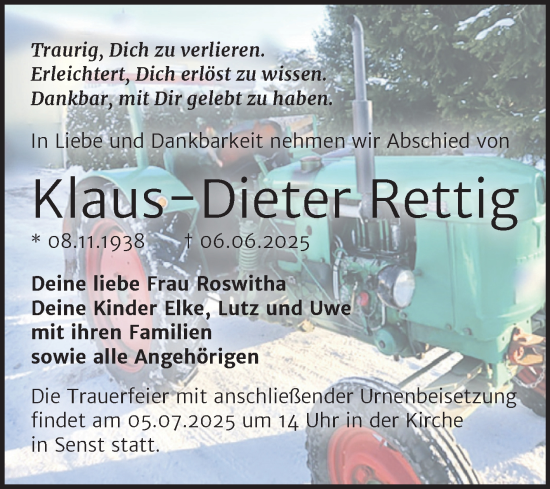 Traueranzeige von Klaus-Dieter Rettig von Trauerkombi Wittenberg
