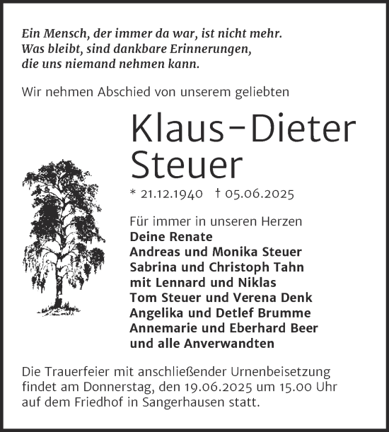Traueranzeige von Klaus-Dieter Steuer von Trauerkombi Sangerhausen