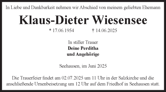 Traueranzeige von Klaus-Dieter Wiesensee von Volksstimme Altmark Ost
