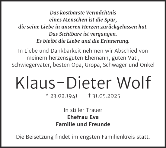 Traueranzeige von Klaus-Dieter Wolf von Trauerkombi Bernburg