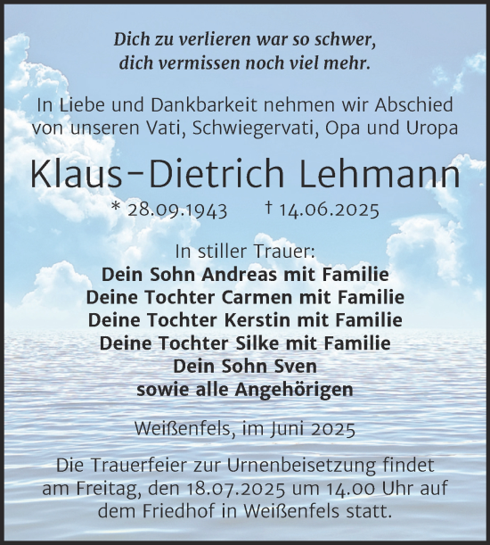Traueranzeige von Klaus-Dietrich Lehmann von Trauerkombi Weißenfels