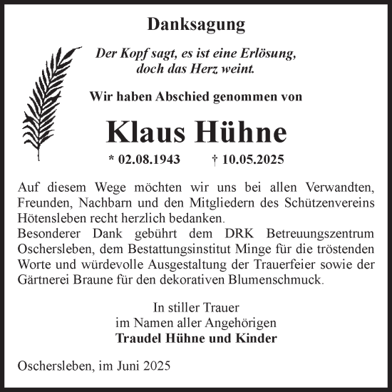 Traueranzeige von Klaus Hühne von Volksstimme Oschersleben/Wanzleben
