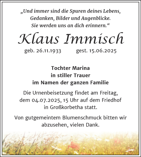 Traueranzeige von Klaus Immisch von Trauerkombi Weißenfels