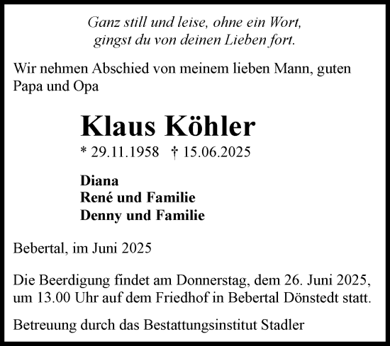 Traueranzeige von Klaus Köhler von Volksstimme Haldensleben/Wolmirstedt
