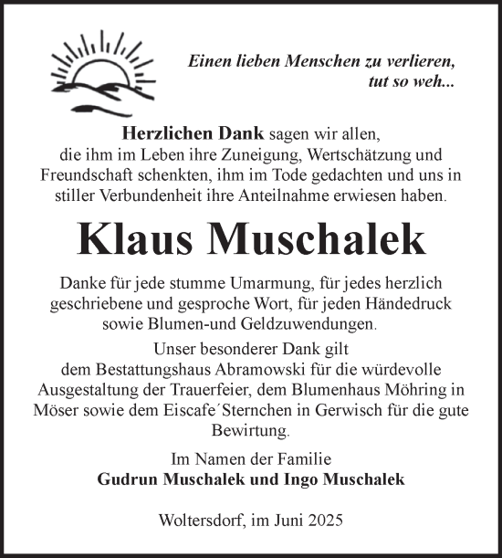 Traueranzeige von Klaus Muschalek von Volksstimme Burg/Genthin