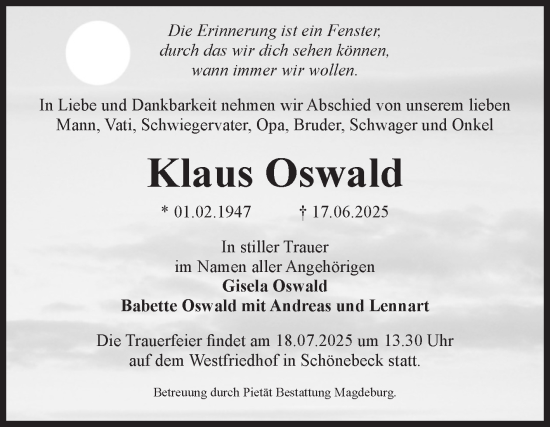 Traueranzeige von Klaus Oswald von Volksstimme Schönebeck