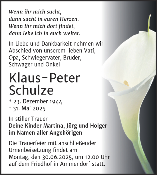 Traueranzeige von Klaus-Peter Schulze von Mitteldeutsche Zeitung Halle/Saalkreis