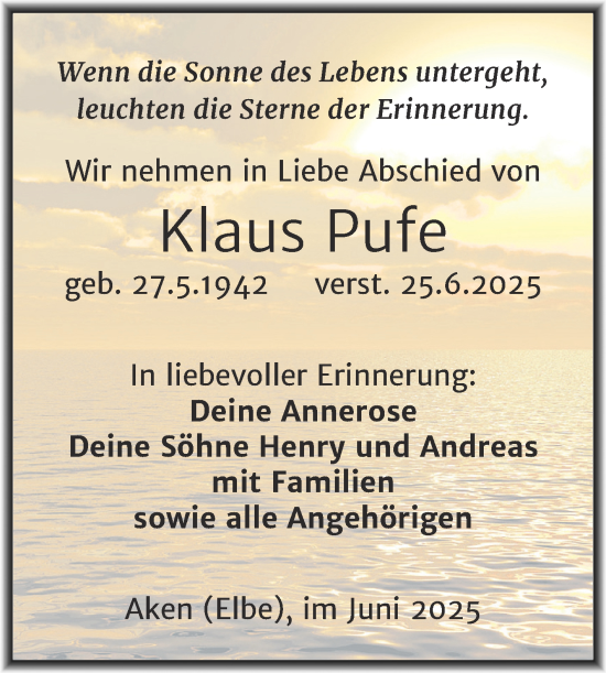 Traueranzeige von Klaus Pufe von Trauerkombi Köthen