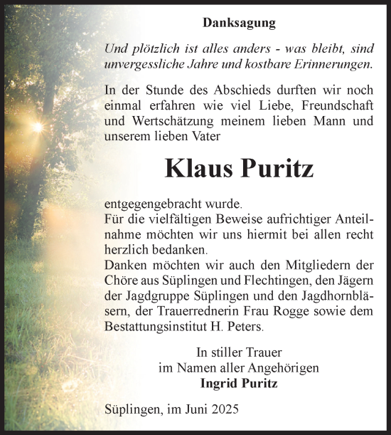 Traueranzeige von Klaus Puritz von Volksstimme Haldensleben/Wolmirstedt