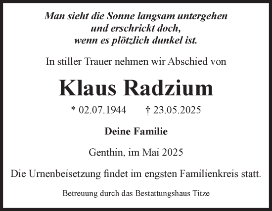 Traueranzeige von Klaus Radzium von Volksstimme Burg/Genthin