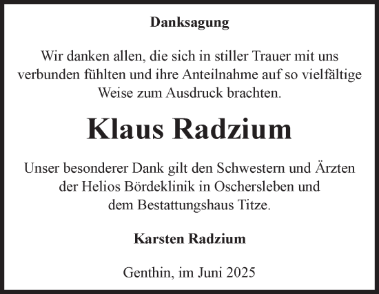 Traueranzeige von Klaus Radzium von Volksstimme Burg/Genthin