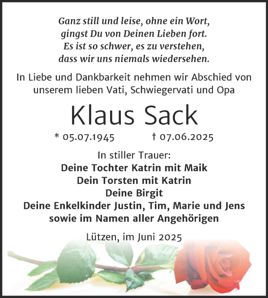 Traueranzeige von Klaus Sack von Trauerkombi Weißenfels