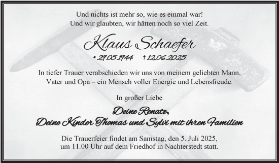 Traueranzeige von Klaus Schaefer von Trauerkombi Aschersleben
