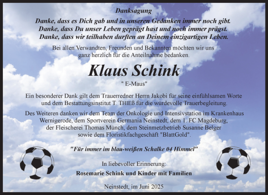 Traueranzeige von Klaus Schink von Trauerkombi Quedlinburg