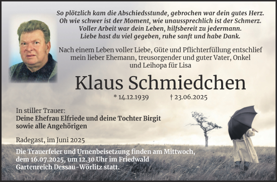 Traueranzeige von Klaus Schmiedchen von Trauerkombi Köthen