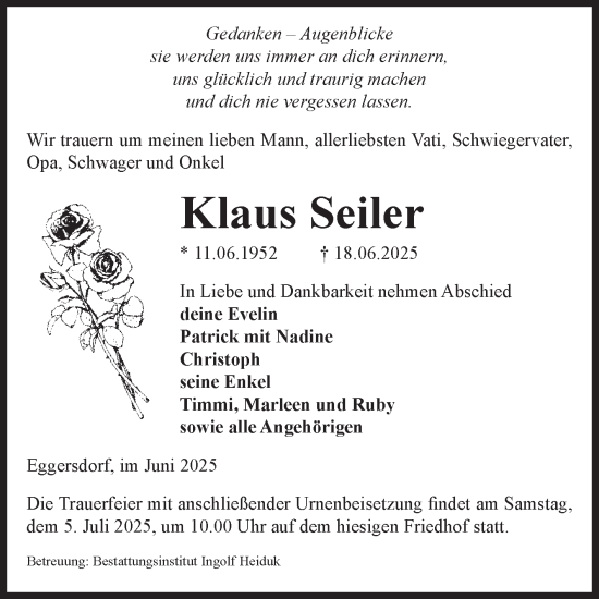 Traueranzeige von Klaus Seiler von Volksstimme Schönebeck