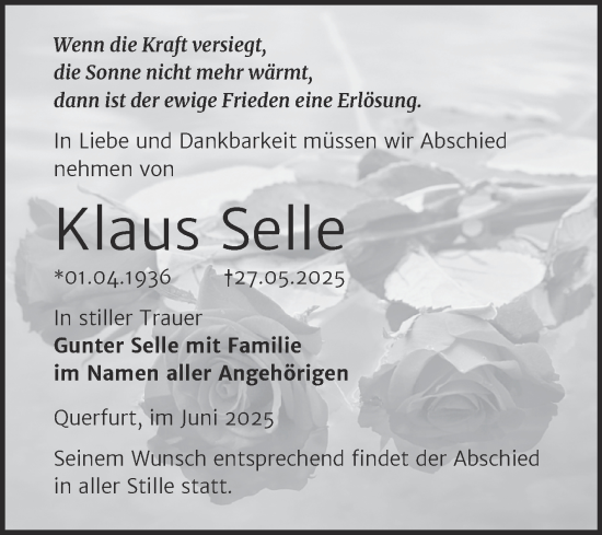 Traueranzeige von Klaus Selle von Trauerkombi Merseburg