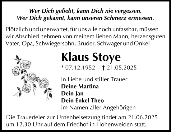 Traueranzeige von Klaus Stoye von Trauerkombi Merseburg