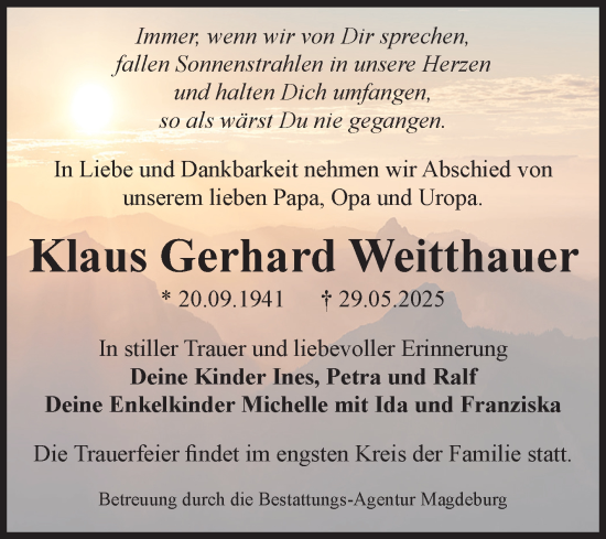 Traueranzeige von Klaus Gerhard Weitthauer von Volksstimme Magdeburg