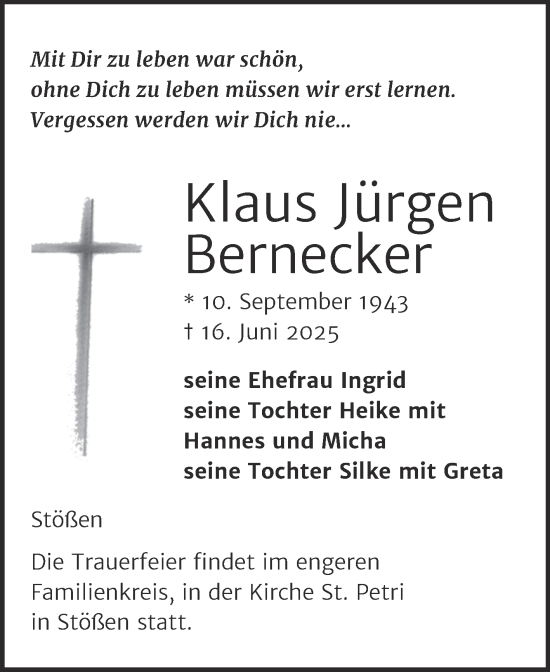 Traueranzeige von Klaus Jürgen Bernecker von Naumburger Tageblatt