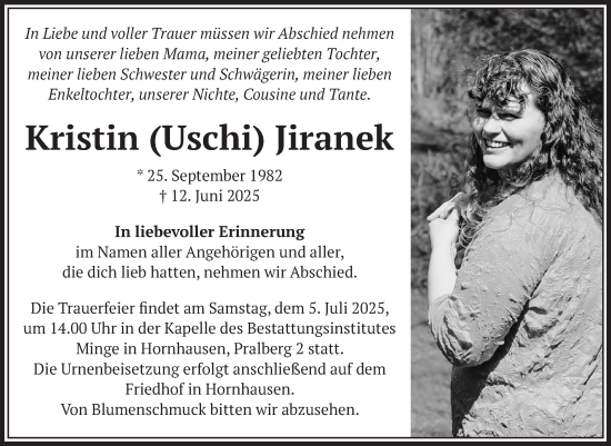 Traueranzeige von Kristin Jiranek von Volksstimme Oschersleben/Wanzleben