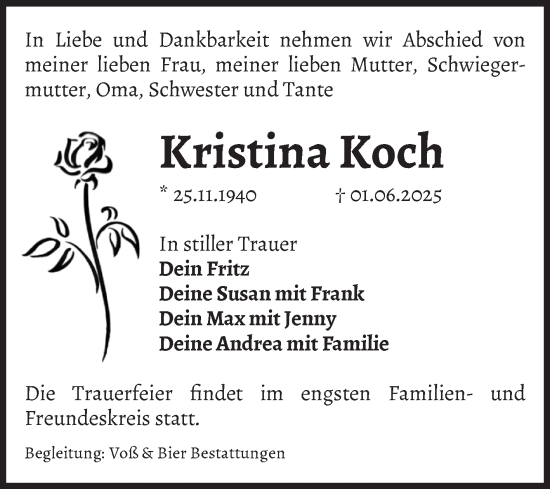 Traueranzeige von Kristina Koch von Volksstimme Wernigerode