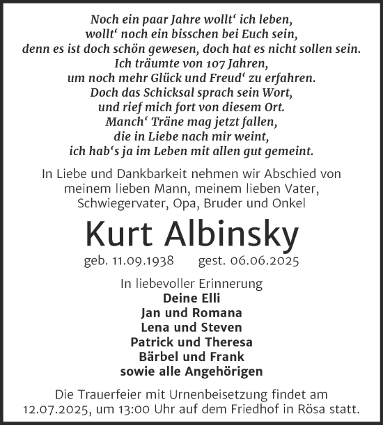 Traueranzeige von Kurt Albinsky von Trauerkombi Bitterfeld