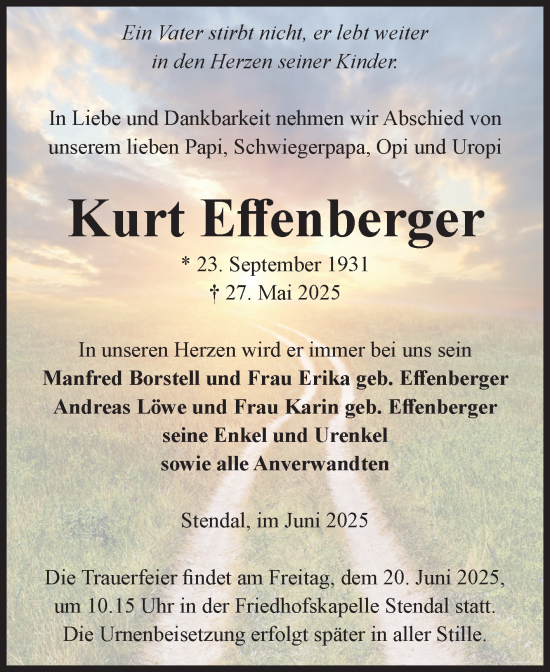 Traueranzeige von Kurt Effenberger von Volksstimme Altmark Ost