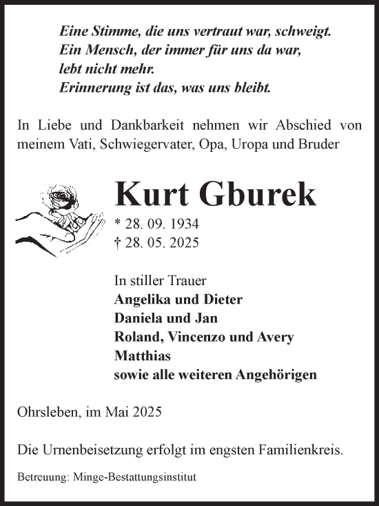 Traueranzeige von Kurt Gburek von Volksstimme Oschersleben/Wanzleben