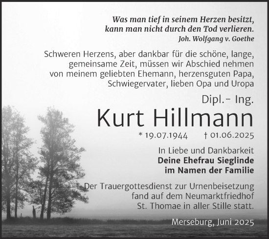 Traueranzeige von Kurt Hillmann von Trauerkombi Merseburg