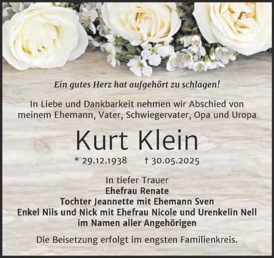 Traueranzeige von Kurt Klein von Trauerkombi Bernburg