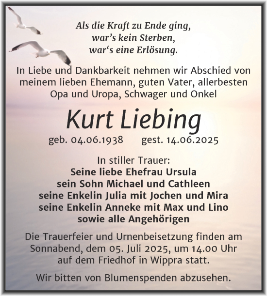 Traueranzeige von Kurt Liebing von Trauerkombi Mansfelder Land