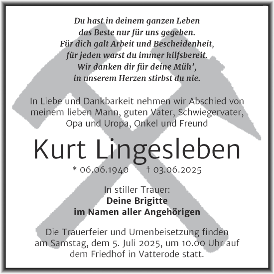 Traueranzeige von Kurt Lingesleben von Trauerkombi Mansfelder Land