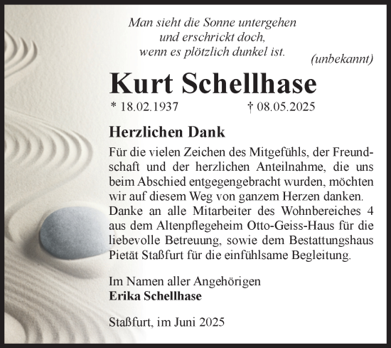 Traueranzeige von Kurt Schellhase von Volksstimme Staßfurt