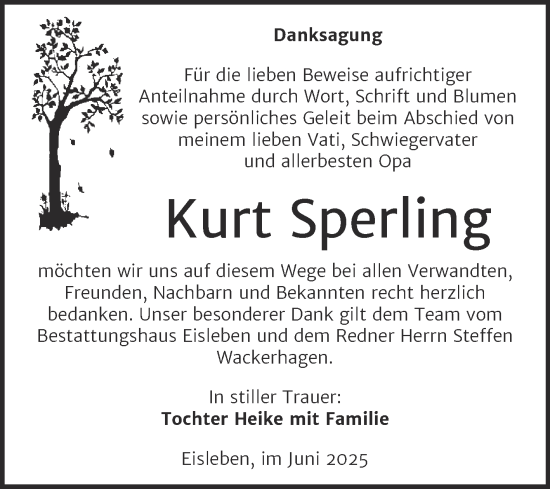 Traueranzeige von Kurt Sperling von Mitteldeutsche Zeitung Mansfelder Land