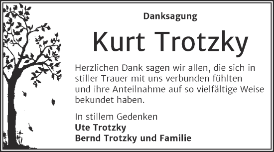 Traueranzeige von Kurt Trotzky von Trauerkombi Wittenberg