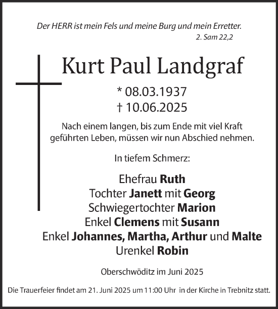 Traueranzeige von Kurt Paul Landgraf von Trauerkombi Weißenfels