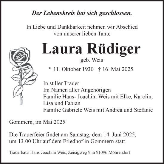 Traueranzeige von Laura Rüdiger von Volksstimme Burg/Genthin