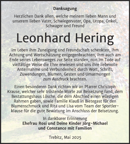Traueranzeige von Leonhard Hering von Trauerkombi Wittenberg